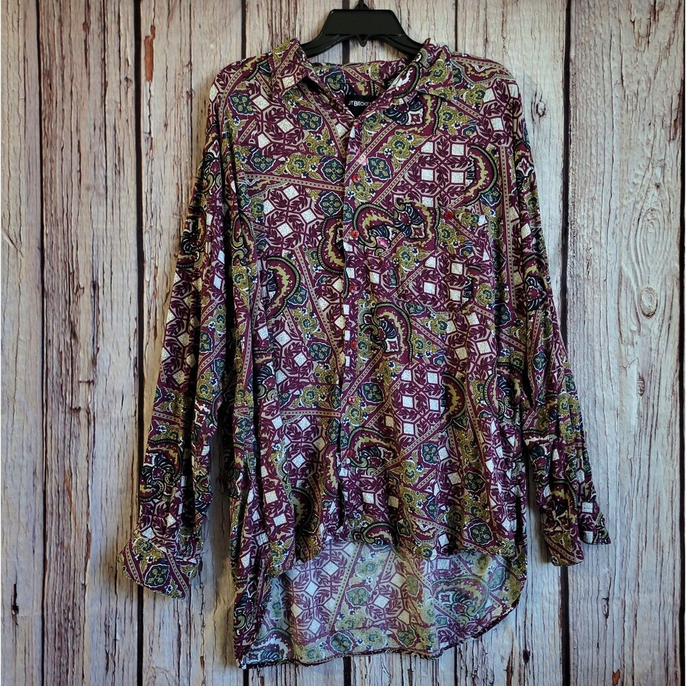 JT Beckett 1990s Vintage XLT Shirt Button Paisley Purple 100% Rayon Long Sleeves
